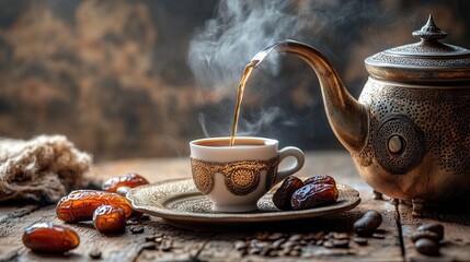 A traditional Arabian coffee pot pouring steaming gahwa into a small cup, served with dates on the side.