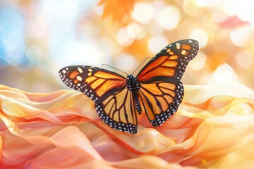 Fototapeta premium A Monarch butterfly with vibrant orange wings rests gently on a soft, peach-colored fabric, bathed in warm sunlight.