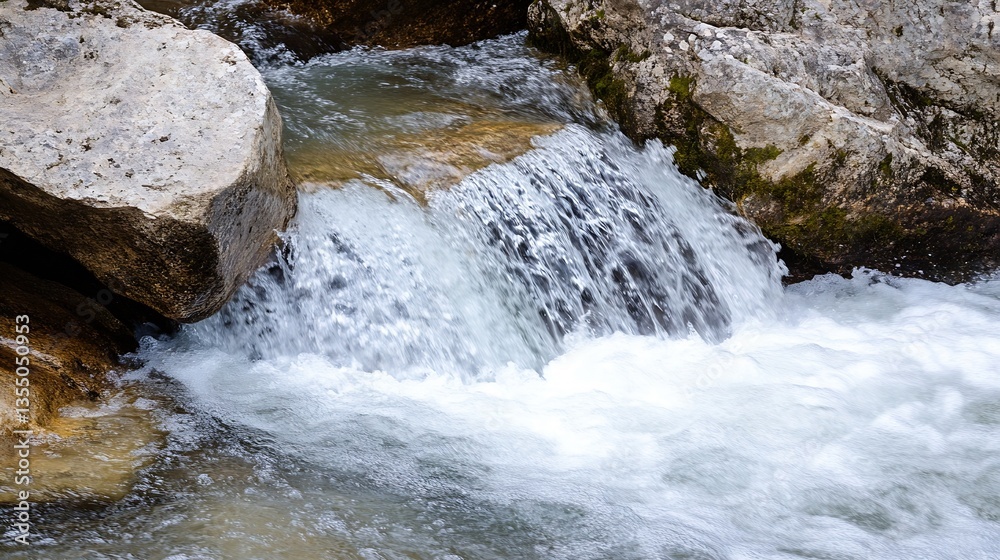 Poster dynamic close up of clear water flowing over rocks in a tranquil stream : generative ai