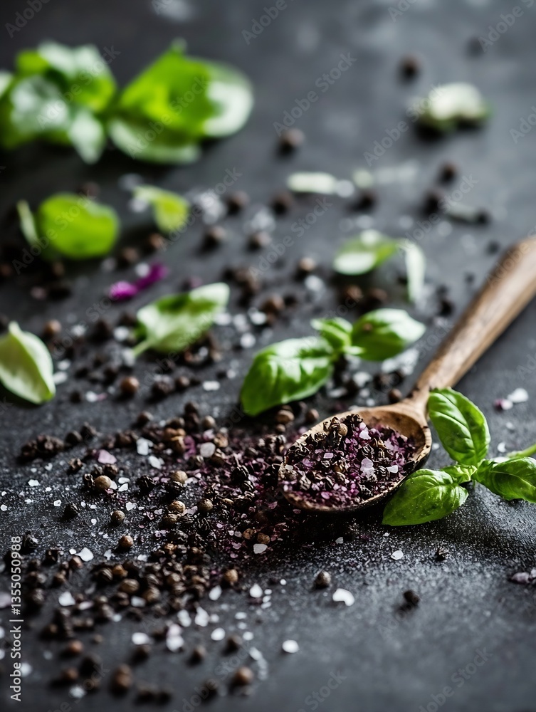 Aufkleber fresh herbs and colorful spices scattered on a dark surface with a wooden spoon accentuating the ele
