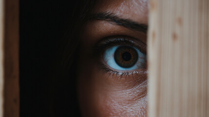 Intriguing glimpse through a weathered door with an eye peering out in a mysterious setting Generative AI