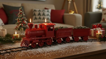 Red toy train sits on wood table in living room with Christmas decorations. Festive decor creates cozy holiday atmosphere. Celebration concept.