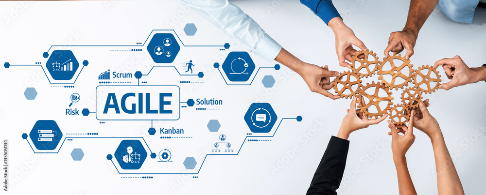 Poster A dynamic representation of teamwork highlighting Agile project management principles. It showcases collaboration with hands and visuals symbolizing Scrum and Kanban methodologies. Amity
