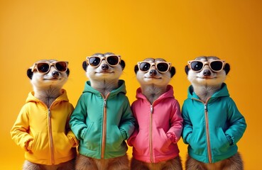 Four meerkats wearing sunglasses, colorful jackets, stand in a row. Funny animals with cool look on yellow background, AI-generated image. Cute animals wear fashion clothes.