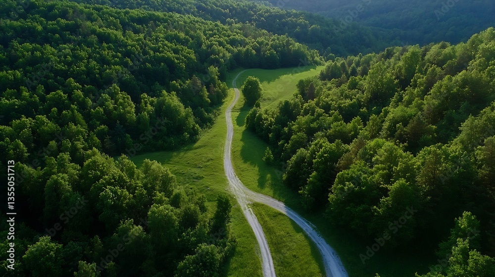 Poster aerial view of lush green hills and winding pathways through a serene forest landscape : generative 