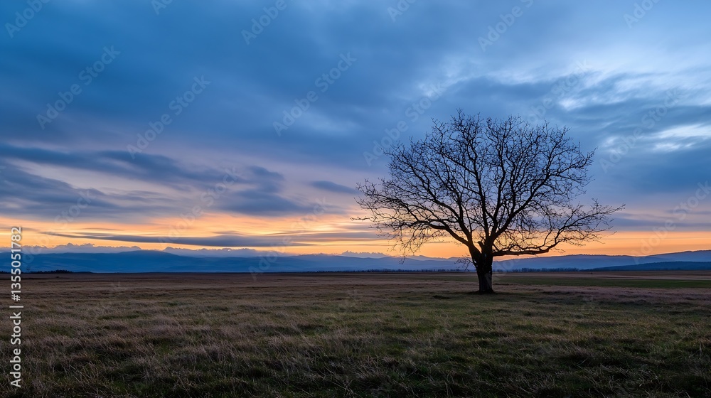 Poster a lone tree standing against a dramatic sunset sky over a vast field capturing the essence of solitu