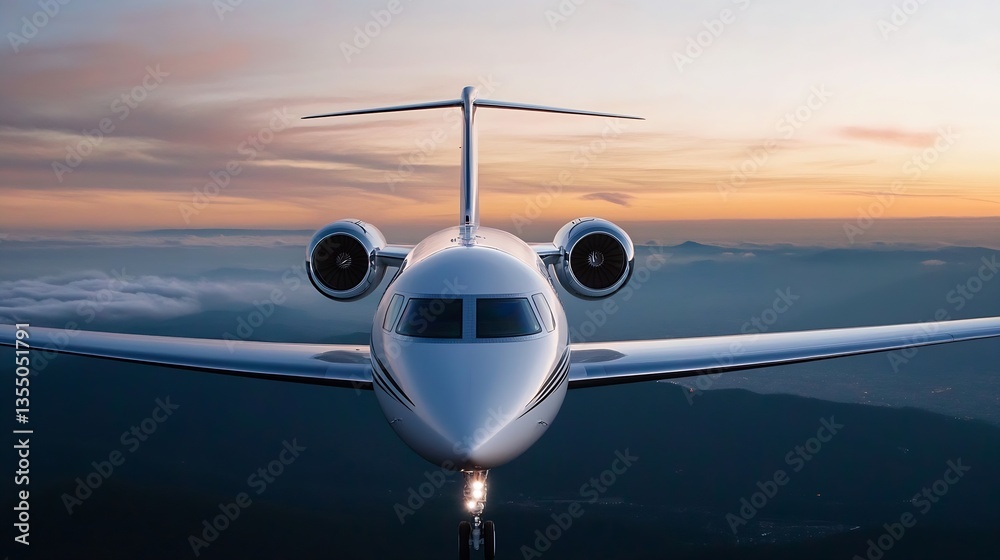 Poster a sleek private jet soaring through the sky during a stunning sunset with clouds in the background :
