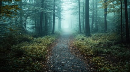 Obraz premium A pathway in a quiet forest leading into the mist, symbolizing the journey of self-discovery and therapy.