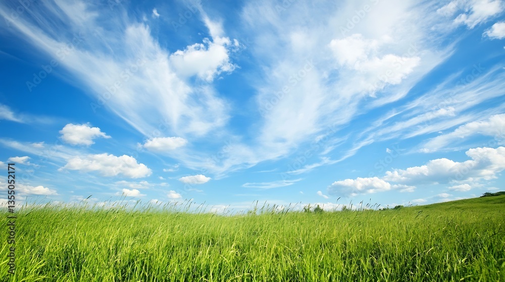 Poster Vast Open Field with Lush Green Grass Under Bright Blue Sky Filled with Fluffy Clouds : Generative AI