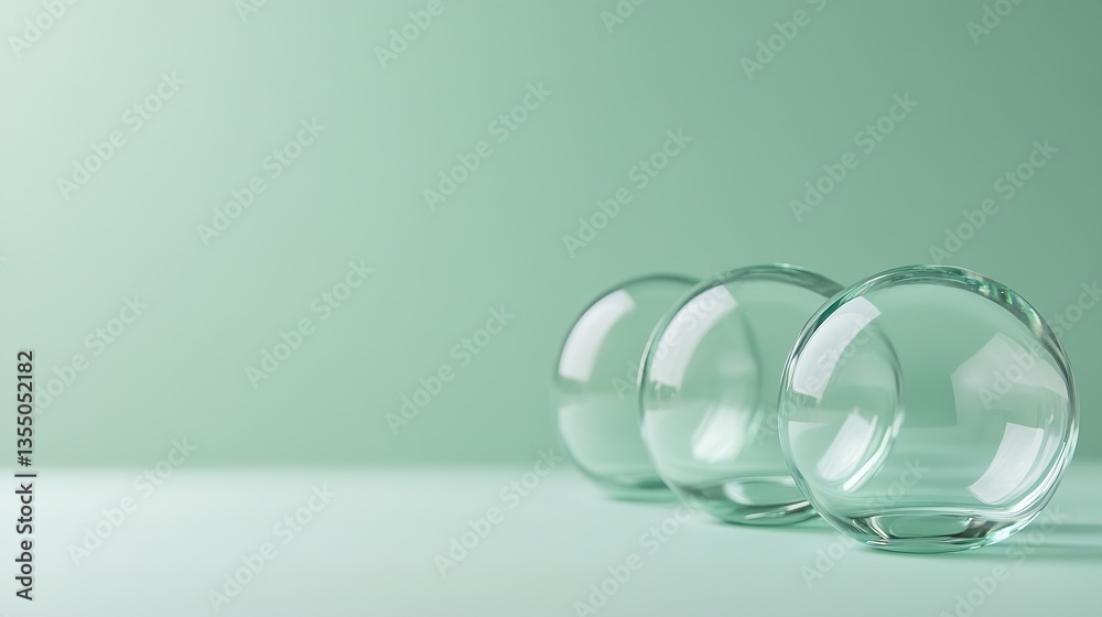 Poster Three elegant glass spheres on a soft green background creating a minimalist aesthetic for modern design : Generative AI