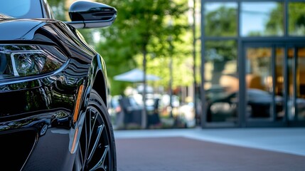 Naklejka premium Closeup view of a sleek black car showcasing shiny details with blurred background of outdoor café : Generative AI