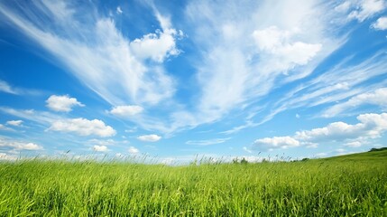 Obraz premium Vast Open Field with Lush Green Grass Under Bright Blue Sky Filled with Fluffy Clouds : Generative AI