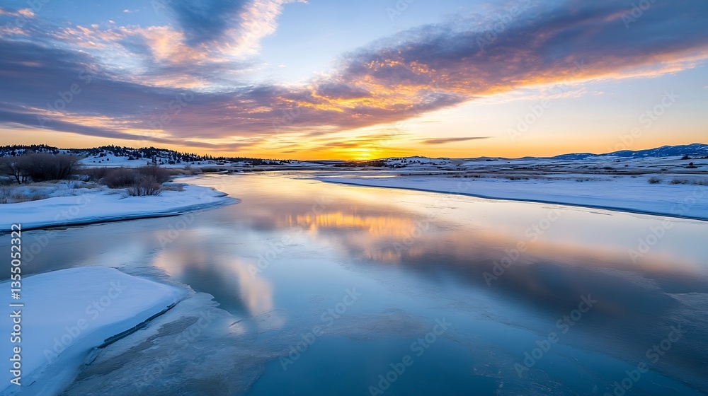 Poster stunning winter landscape with a frozen river reflecting the colorful sunset sky and tranquil scener