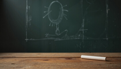 Chalk on wooden desk in front of blackboard with drawings