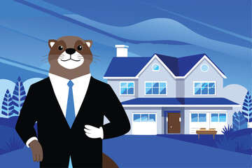 A charming otter in a suit, showcasing a magnificent waterfront mansion.  He gestures towards the luxury home, highlighting its elegant features.