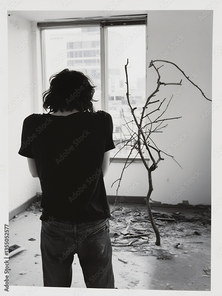 Leinwandbilder reflective black and white image of a figure in an abandoned room with a tree branch : generative ai