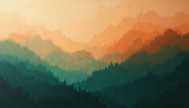 Illustration shows earthy gradient blending warm terracotta into deep forest green colors. Subtle texture, organic feel, natural landscapes. Digital art piece evokes nature, serenity, ideal for
