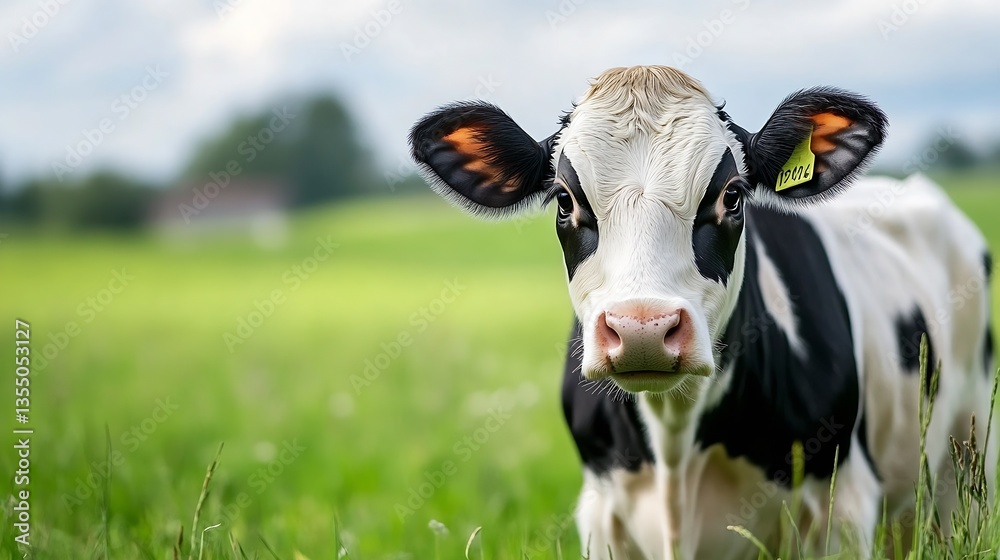 Poster close up view of a curious black and white calf standing in lush green grass under a bright sky : ge