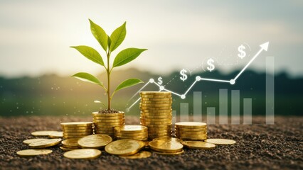 Sprout emerges from coins. Graph shows upward trend. Symbolizes financial growth, investment, business success, opportunity, savings, market trend, and sustainable environment.
