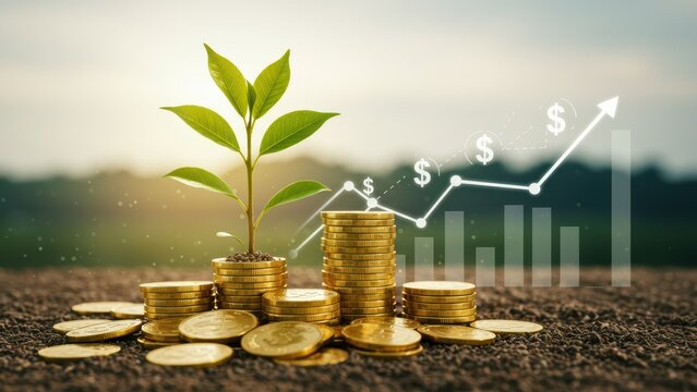 Sprout emerges from coins. Graph shows upward trend. Symbolizes financial growth, investment, business success, opportunity, savings, market trend, and sustainable environment.