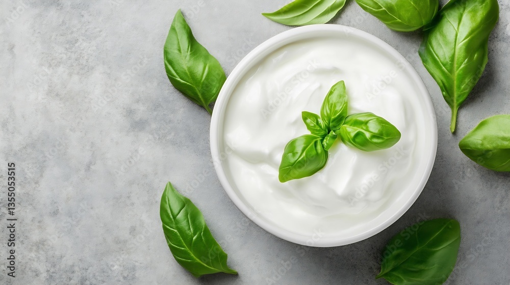 Poster fresh creamy yogurt adorned with basil leaves on a textured gray background : generative ai