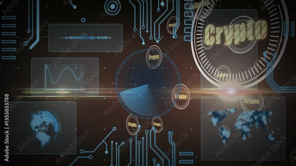 Poster displaying crypto data, digital interface with circuit patterns over animated world map