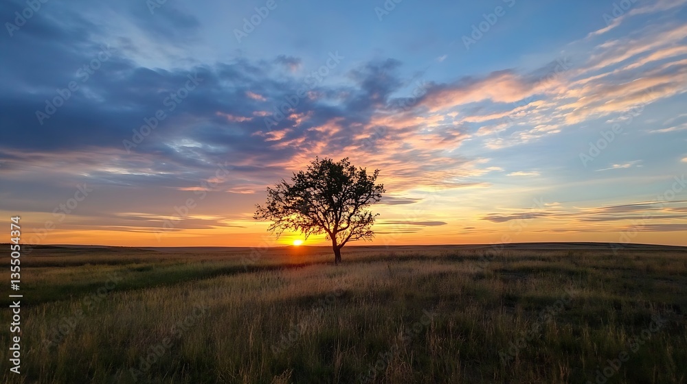 Poster breathtaking sunset illuminating a solitary tree in an open field with vibrant colors reflected in t