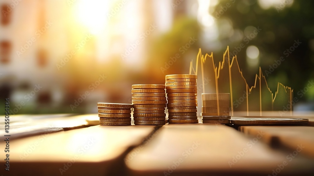 Aufkleber Stacks of coins with a digital graph overlay representing financial growth and investment opportunities : Generative AI