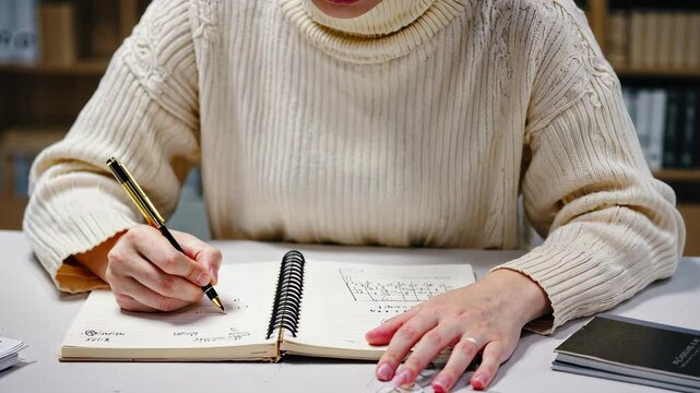 Female student writing notes in notebook at desk. Concept of learning and education