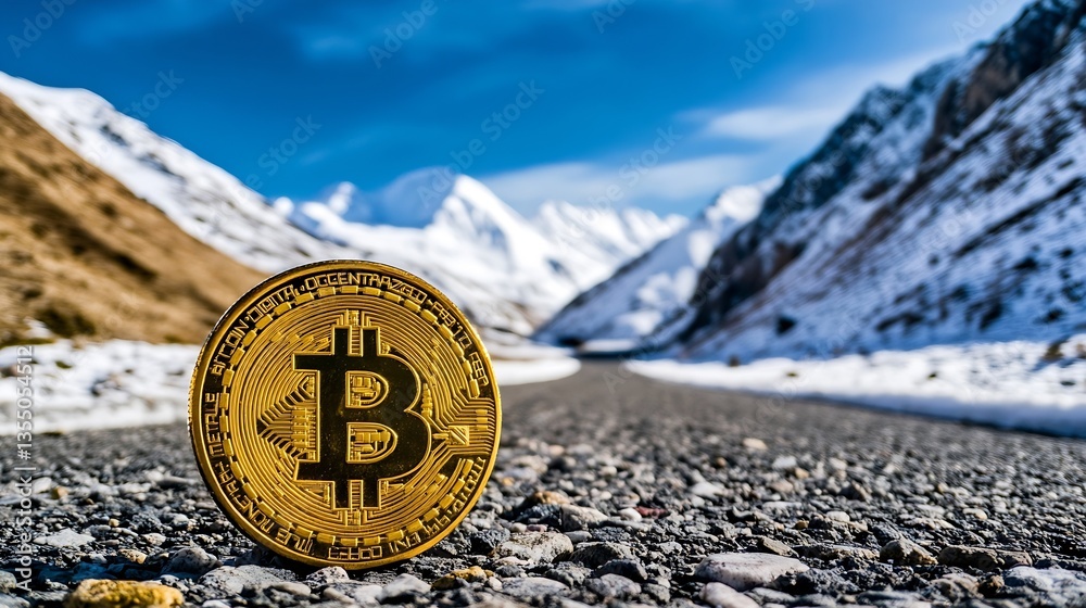 Aufkleber bitcoin coin placed on a gravel road with majestic snowcapped mountains in the background : generati