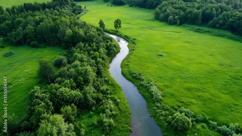 Poster aerial view of serene green landscape with winding river amidst lush trees creating harmony : genera