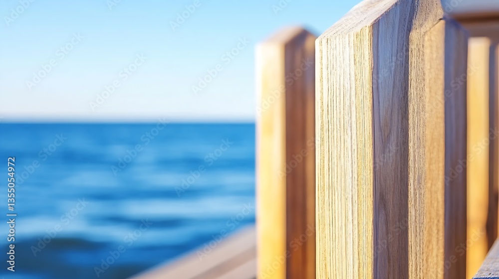 Aufkleber Wooden railing in focus with a serene ocean view on a sunny day creating a calming atmosphere : Generative AI
