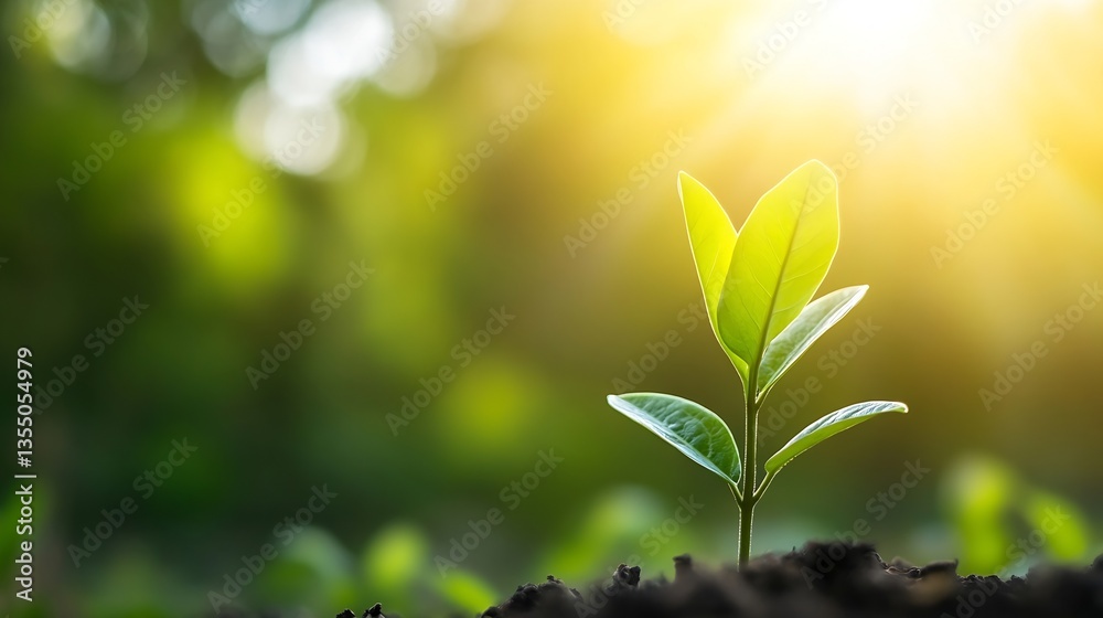 Poster close up of a young green plant sprouting in soil illuminated by sun rays symbolizing growth and new