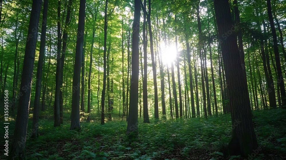 Poster sunlight streaming through a lush green forest surrounded by tall trees : generative ai
