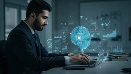 Indian businessman typing on laptop in office. Display shows AI digital brain and data graphs. Represents innovation, business, analytics, and future technology.