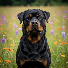 Attentive Rottweiler Surrounded by Flowers