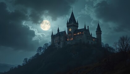Mysterious castle on hill illuminated by moonlight against dramatic night sky with swirling clouds. Ancient architecture, gothic style, historic landmark, fantasy scenery. Fairytale, adventure,