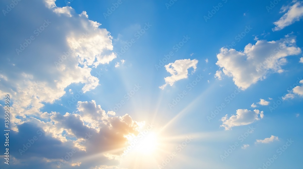 Poster vibrant blue sky with fluffy white clouds and bright sun rays creating an inviting and uplifting atm