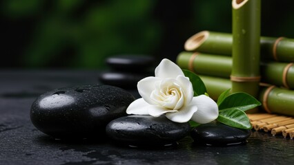 Fototapeta premium Gardenia flower rests on zen stones near bamboo stalks. Dark backdrop symbolizes tranquility. Represents balance, wellness, meditation, spa concept.