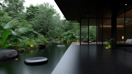 Fototapeta premium Modern minimalist home with lush tropical garden and water feature. Tranquil outdoor living space seamlessly connected to a dark interior