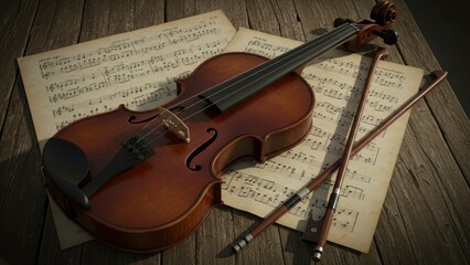 Fototapeta premium Violin, bow, and sheet music on wood table. Classical instruments for musical performance, symphony, and composition, embodies aged aesthetics culture.