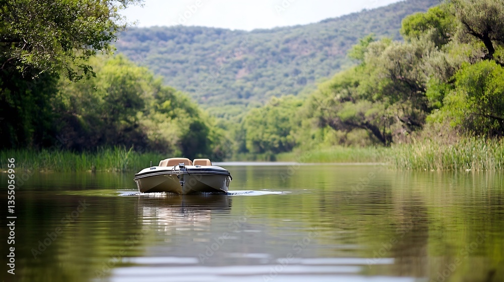 Poster serene boat navigating through calm waters surrounded by lush green landscape and hills : generative