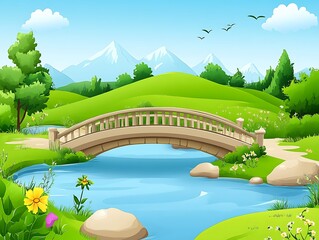 A serene landscape with a winding river, lush green hills, and a bright sun shining above