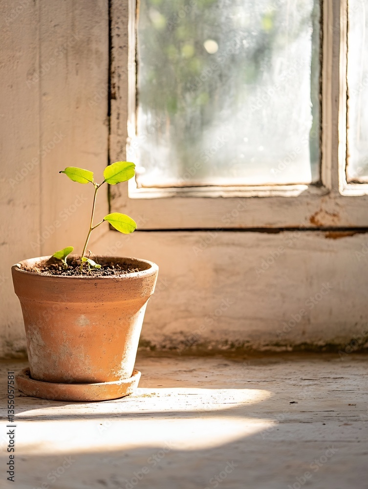 Aufkleber small green plant growing in a terracotta pot near a sunlit window on a rustic surface : generative 