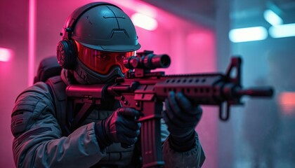 Futuristic soldier aims rifle in neon pink lit environment. Combat gear, helmet, goggles. Intense action-packed atmosphere, battlefield vibe, sci-fi concept. Focus on weapon, technology, night
