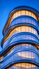 Modern curved skyscraper facade at twilight