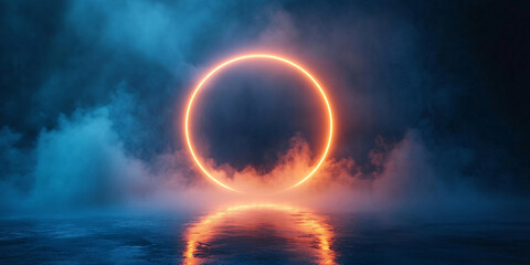 neon yellow ring shrouded in smoke or fog. dark background. glow effect. 3d rendering. gold. modern style. banner illustration