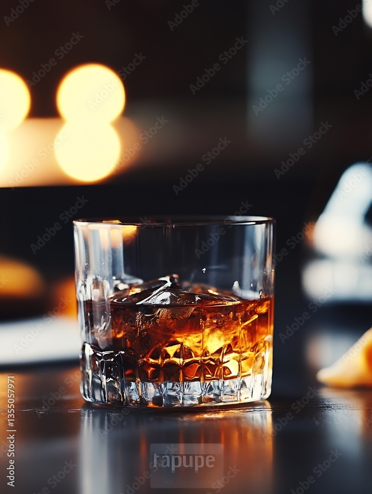 Aufkleber elegant glass of amber whiskey with ice cubes reflecting warm light in a cozy setting : generative a