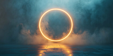 neon yellow ring shrouded in smoke or fog. dark background. glow effect. 3d rendering. gold. modern style. banner illustration