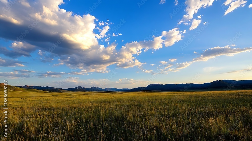 Poster Beautiful Wide Open Field Under Bright Blue Sky with Clouds and Surrounding Mountains in the Horizon : Generative AI